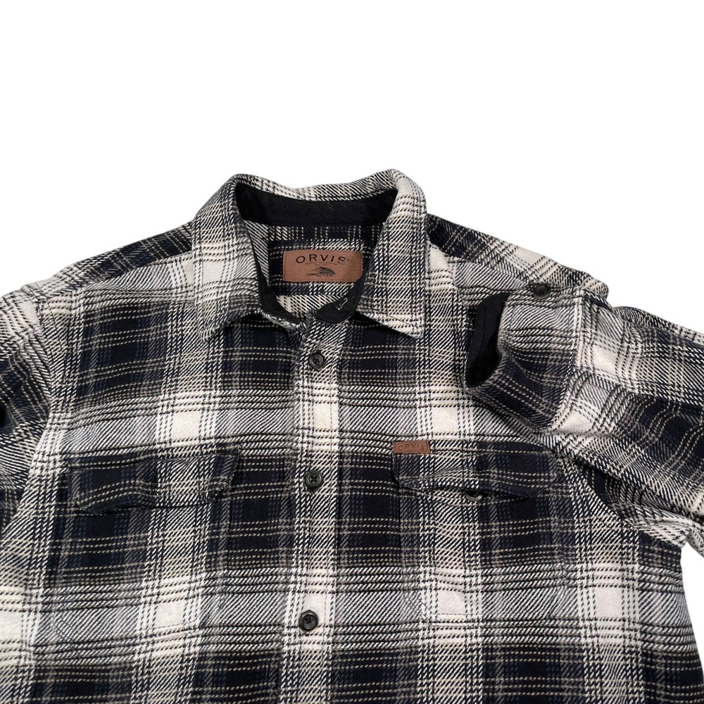 Orvis Large Black White Plaid Thick Flannel Button Shirt Cotton Cabincore Rugged